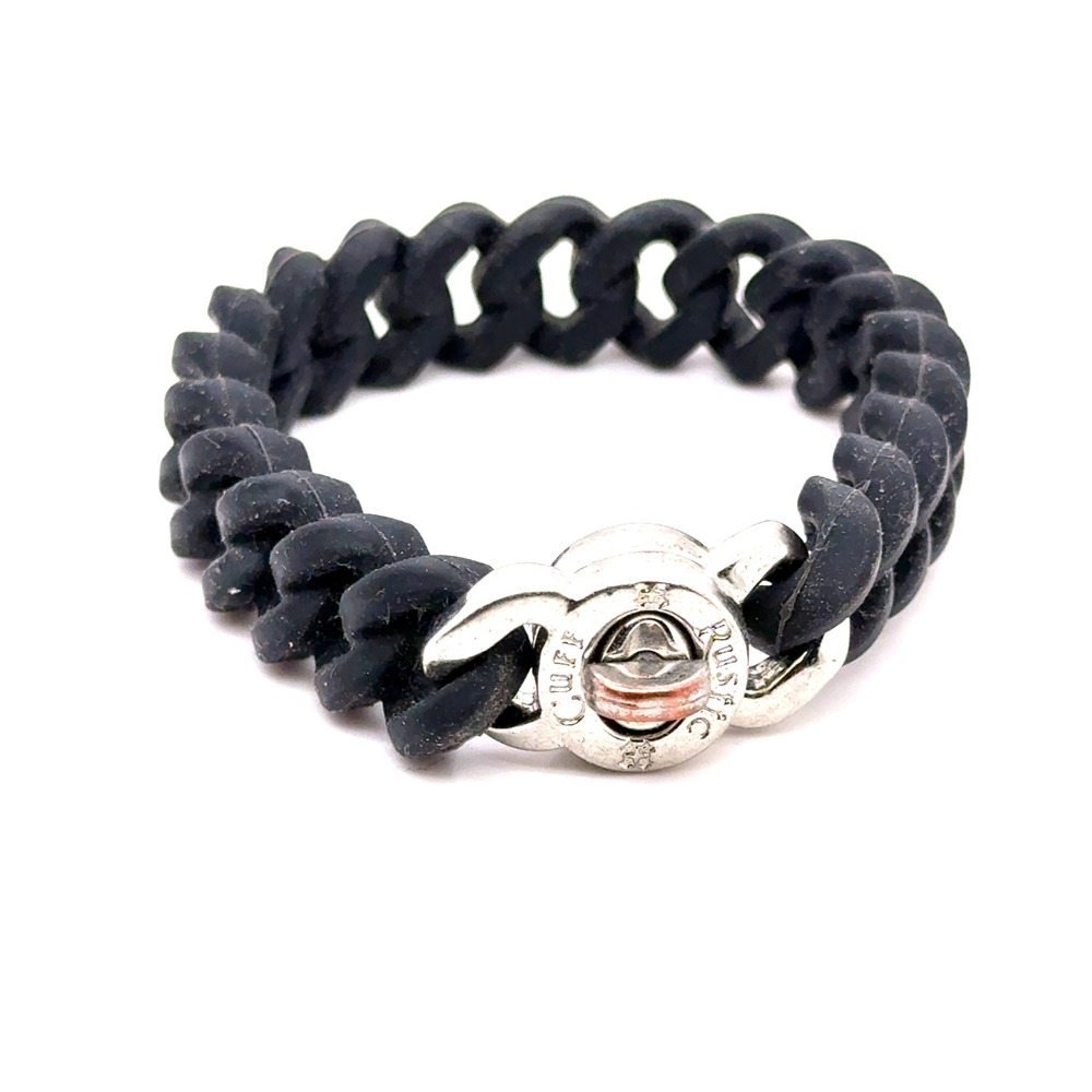 Rustic Cuff Black Silicone Curb Link Bracelet Silver Turn Lock Clasp